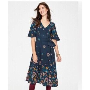 Boden Women's Emilie Navy Floral Midi Flutter Sleeve V-Neck Dress Size 12R